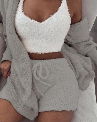 Ms Pretty 3pcs Long Sleeve Crop Tank Top And Drawstring Shorts PJ Set