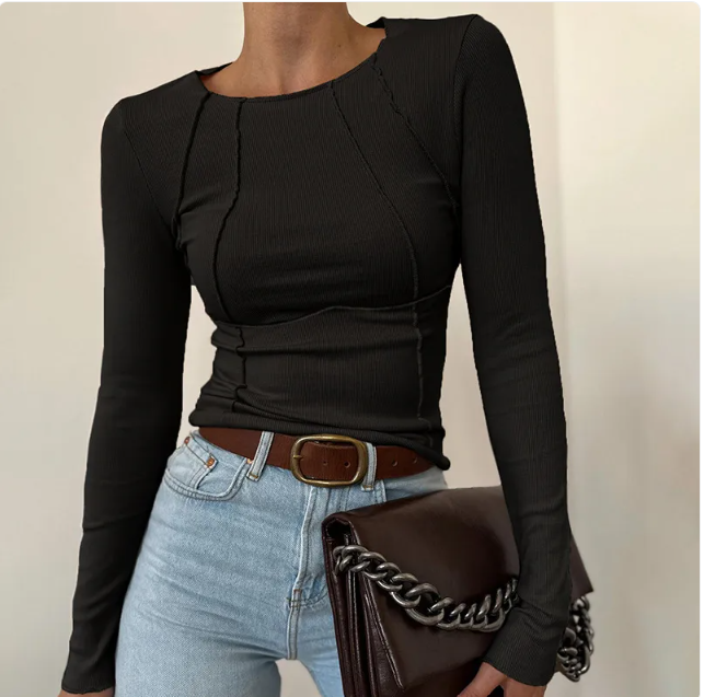Ms Pretty Slim Long Sleeve Knitted Sleeve T-Shirt