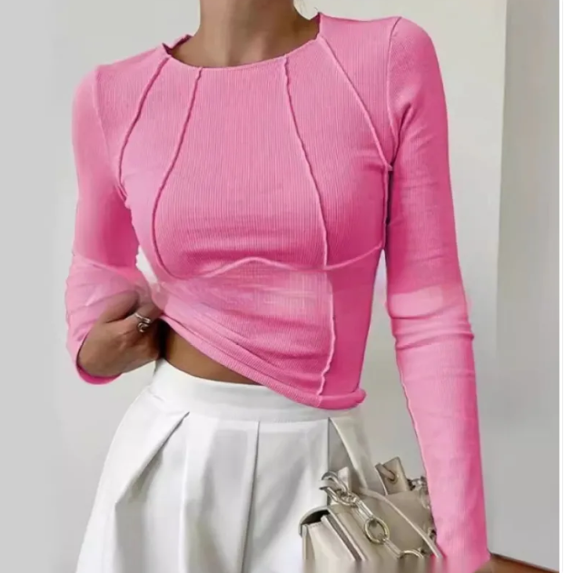 Ms Pretty Slim Long Sleeve Knitted Sleeve T-Shirt