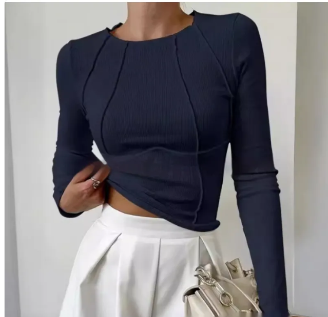 Ms Pretty Slim Long Sleeve Knitted Sleeve T-Shirt