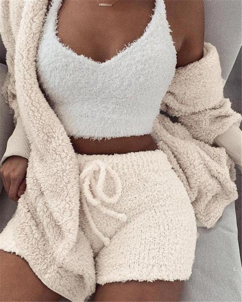 Ms Pretty 3pcs Long Sleeve Crop Tank Top And Drawstring Shorts PJ Set