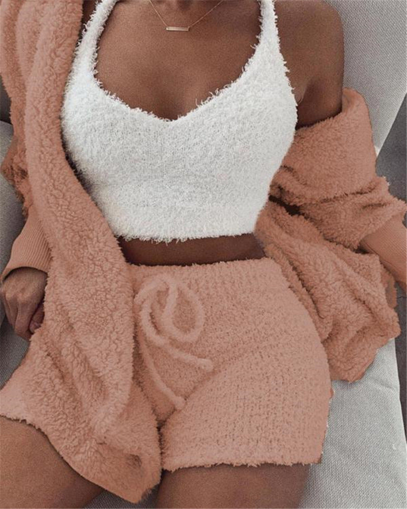 Ms Pretty 3pcs Long Sleeve Crop Tank Top And Drawstring Shorts PJ Set