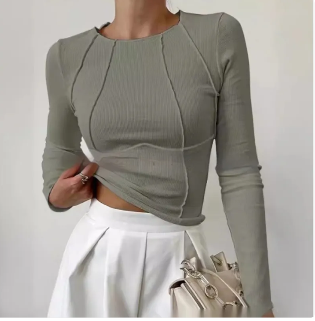 Ms Pretty Slim Long Sleeve Knitted Sleeve T-Shirt