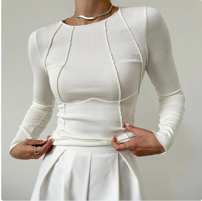 Ms Pretty Slim Long Sleeve Knitted Sleeve T-Shirt